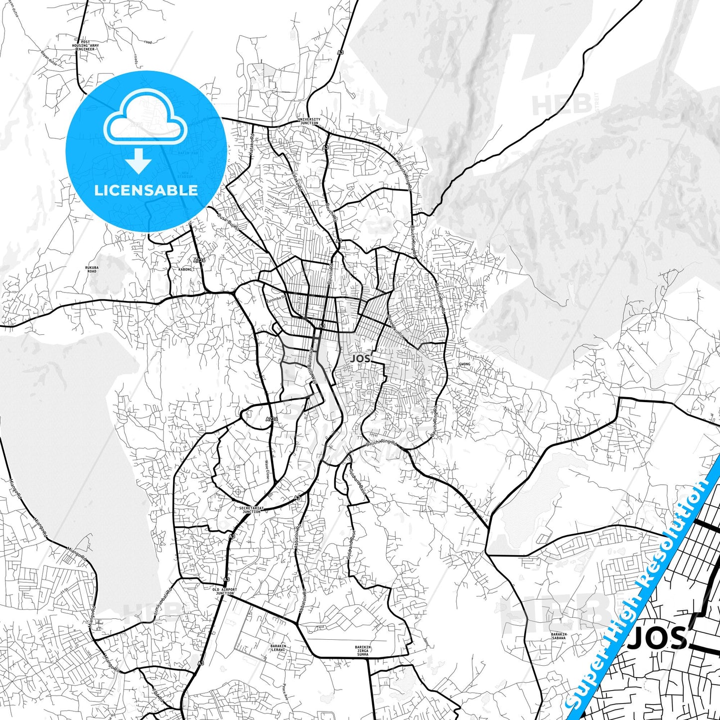 Jos, Nigeria Light Map with Street Names, City Names, and Districts