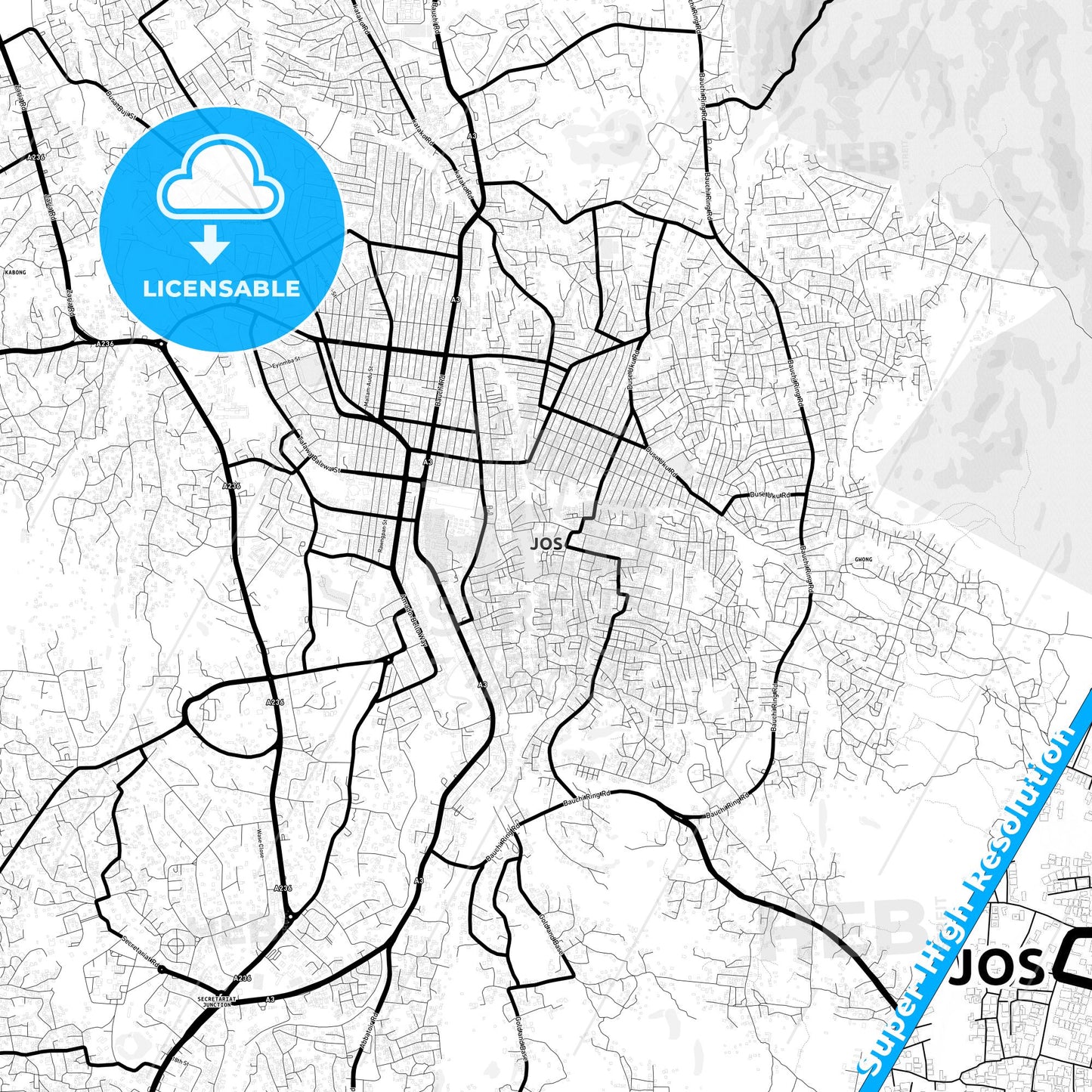 Jos, Nigeria Light Map with Street Names, City Names, and Districts