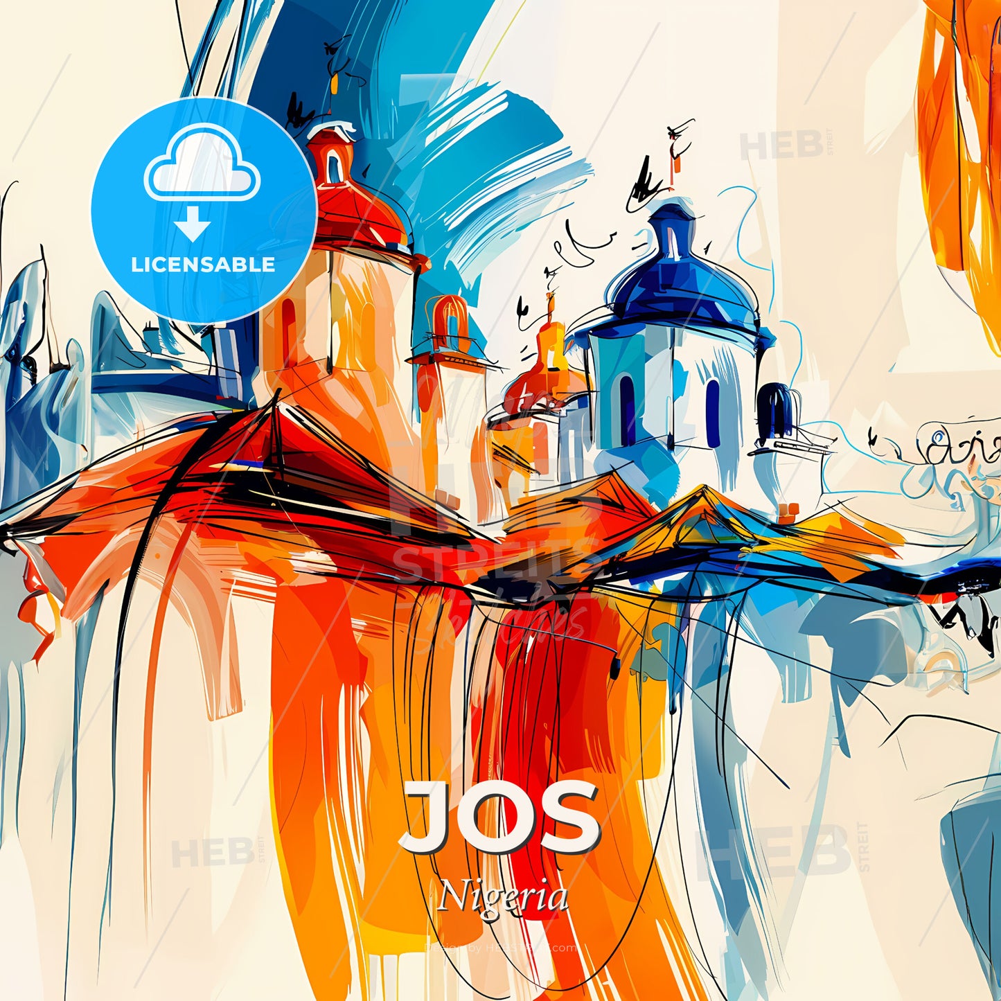 Vibrant Jos, Nigeria - A Painting Of A Building With Blue And Orange Roofs - Square format print template