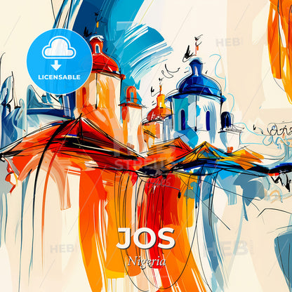 Vibrant Jos, Nigeria - A Painting Of A Building With Blue And Orange Roofs - Square format print template