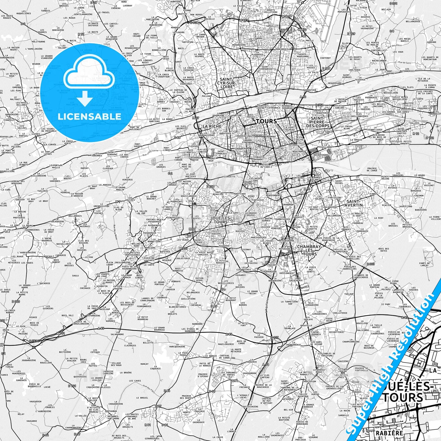 Joué-lès-Tours, France light map with streetnames, citynames and districts