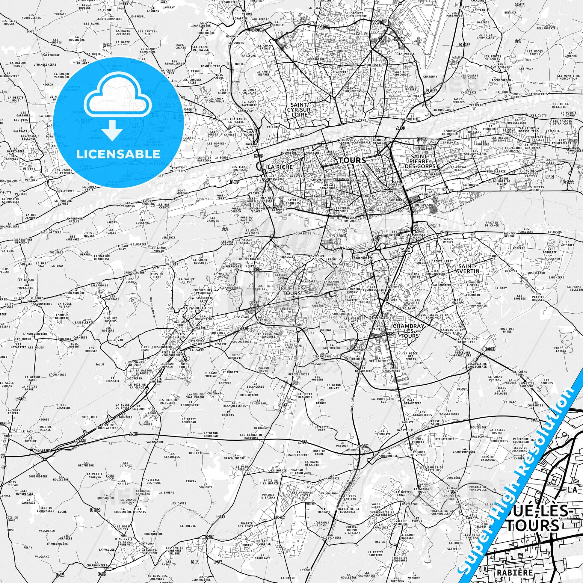 Joué-lès-Tours, France light map with streetnames, citynames and districts