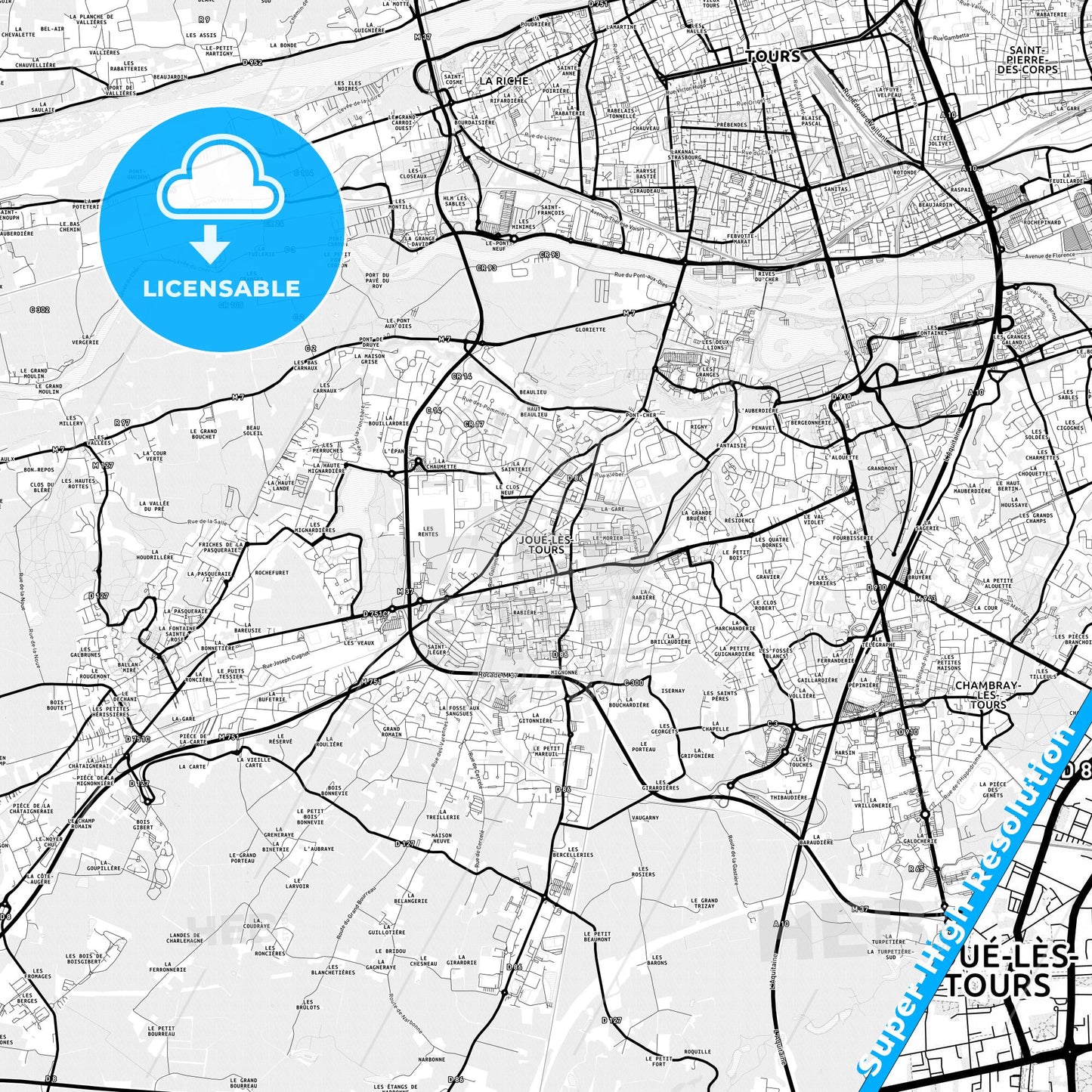 Joué-lès-Tours, France Light Map with Street Names, City Names, and Districts