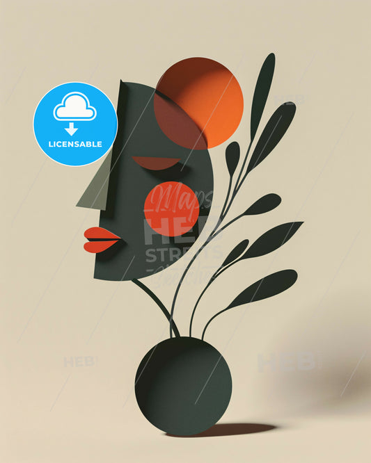 Serene Urban Line Art: Beige with Orange Accents - A artwork of a face and plant