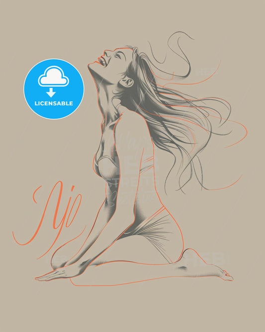 Zenith of Line Art: Joy on Beige - A woman sitting on the floor