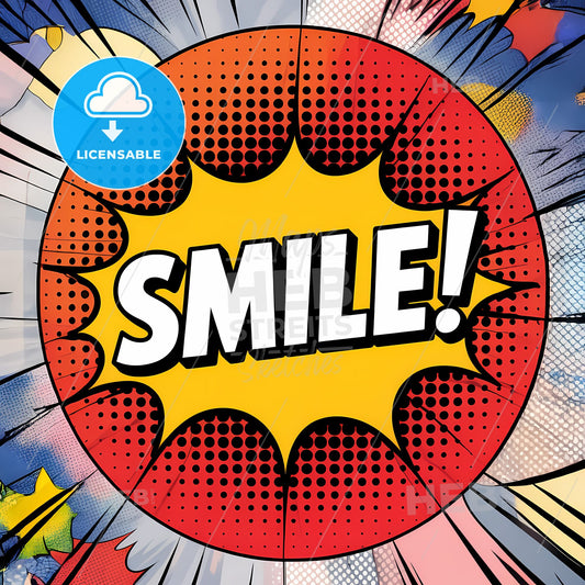 Joyful Comic Burst: Bold SMILE! in Stylish Yellow Speech Bubble