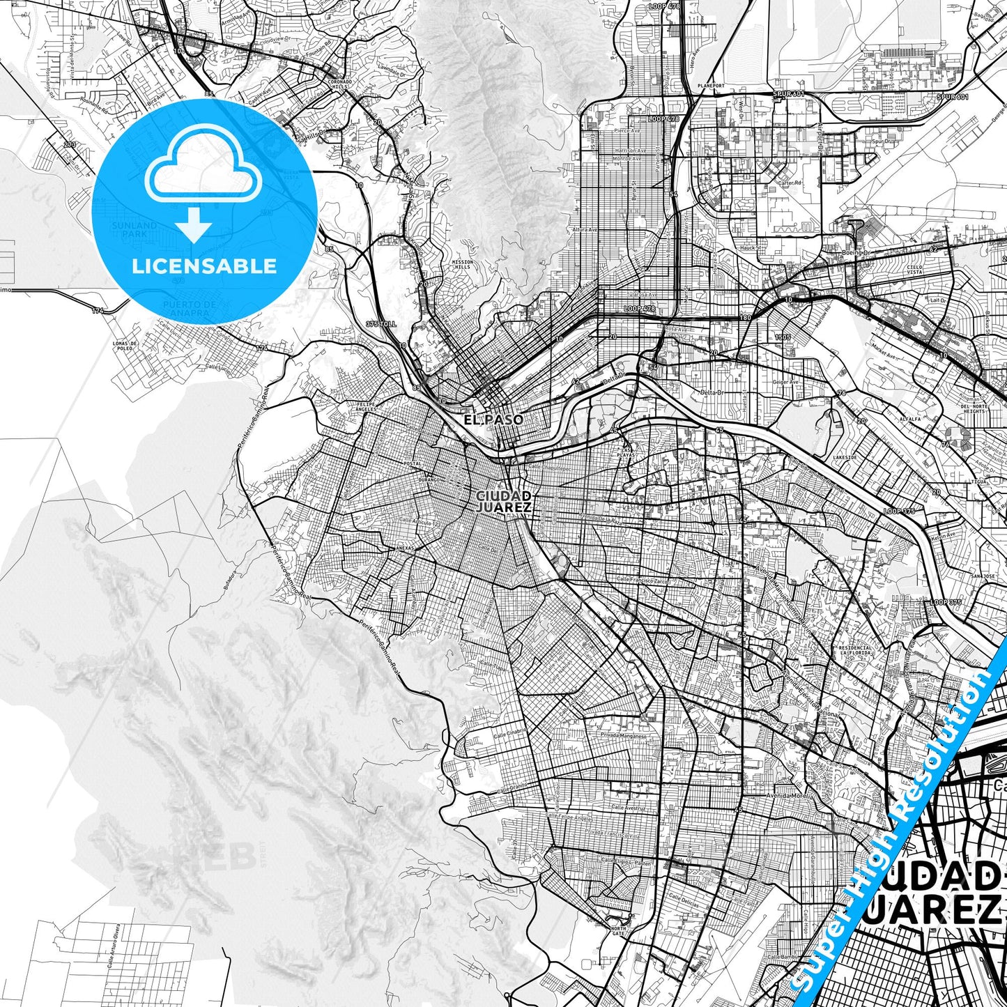 Juárez, Mexico light map with streetnames, citynames and districts