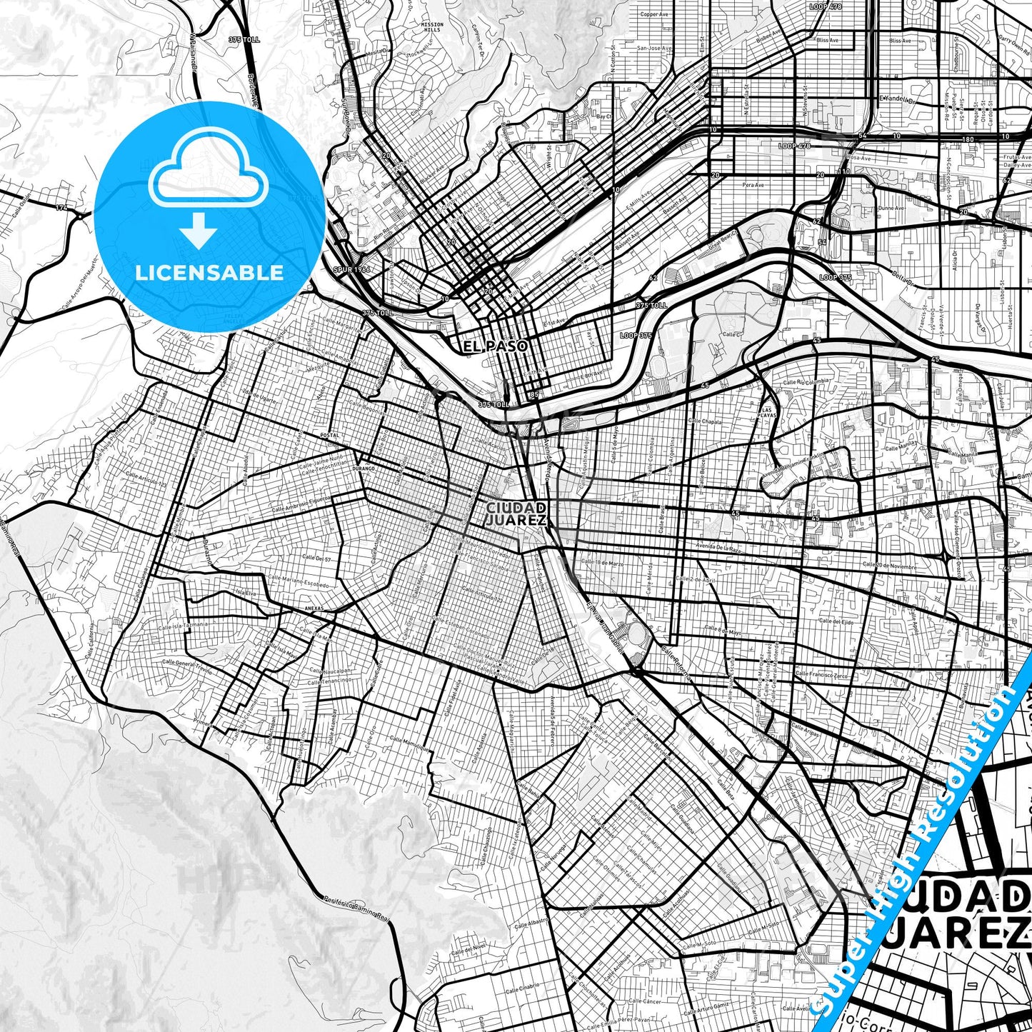 Juárez, Mexico Light Map with Street Names, City Names, and Districts