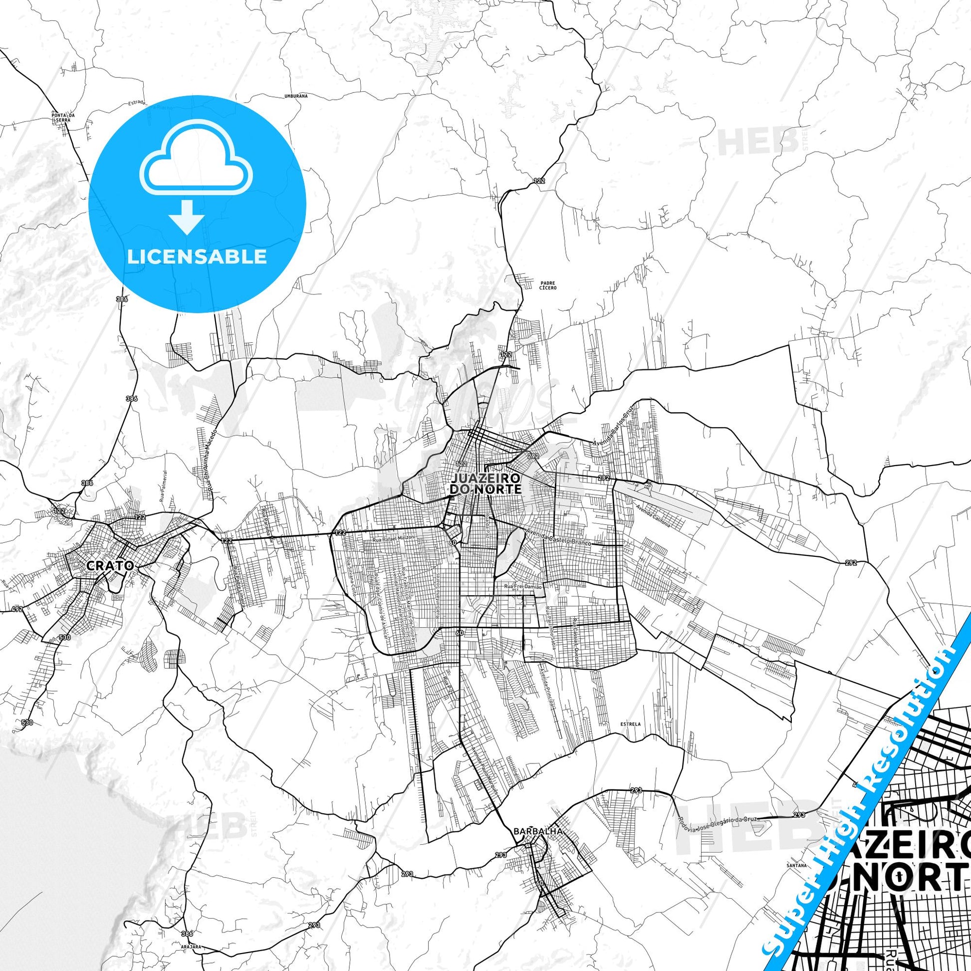 Juazeiro do Norte, Brazil light map with streetnames, citynames and districts