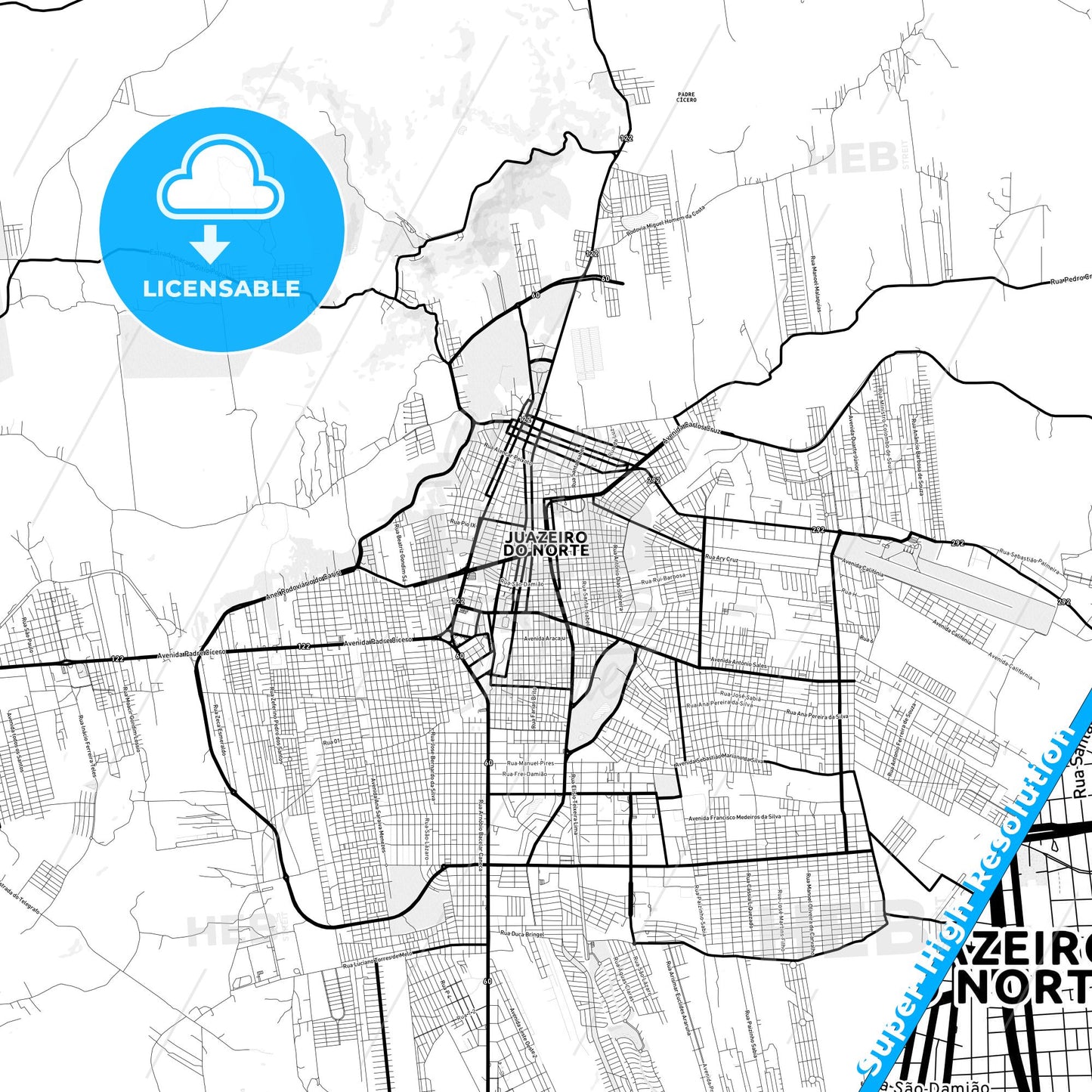 Juazeiro do Norte, Brazil Light Map with Street Names, City Names, and Districts
