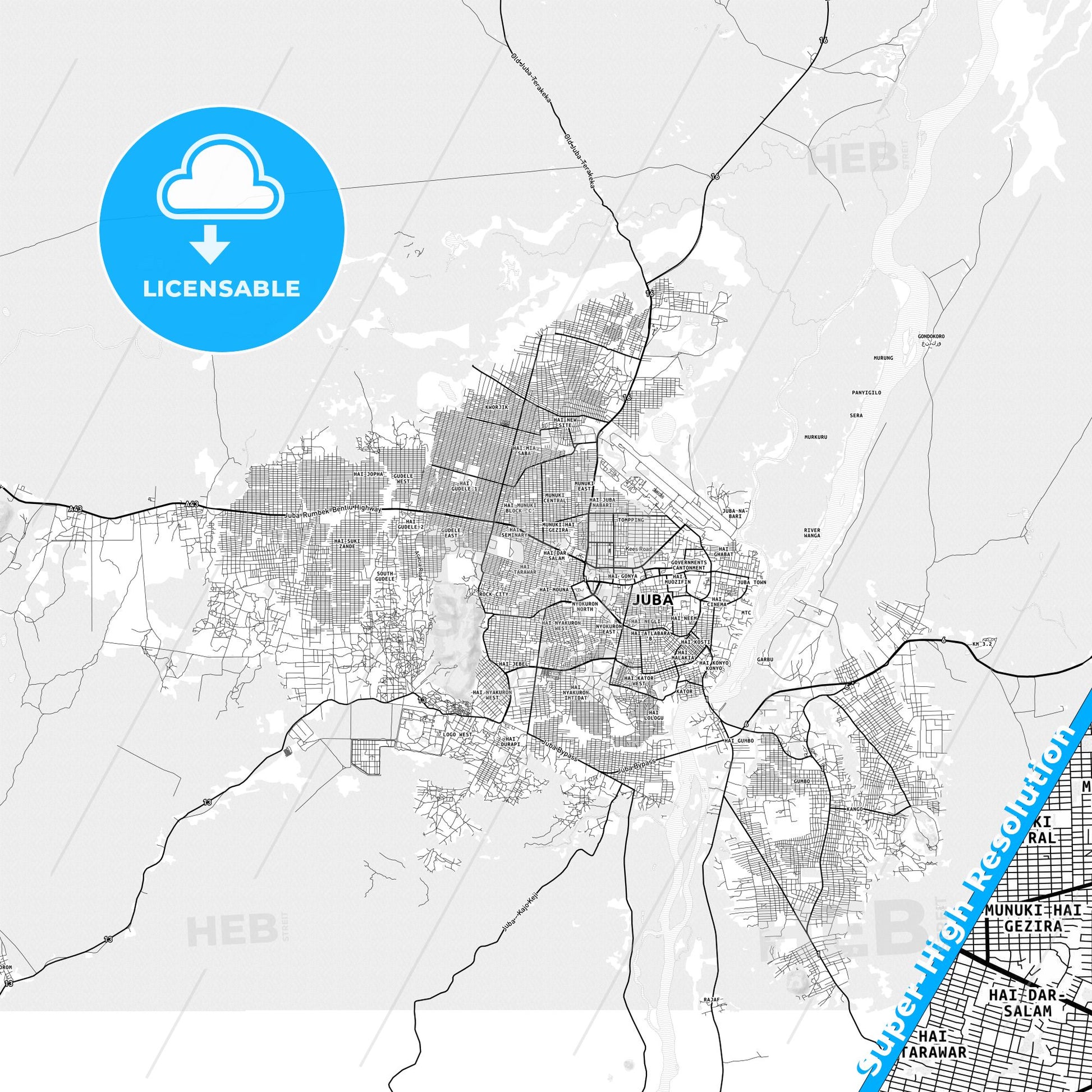 Juba, South Sudan light map with streetnames, citynames and districts