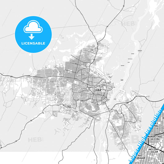 Juba, South Sudan light map with streetnames, citynames and districts