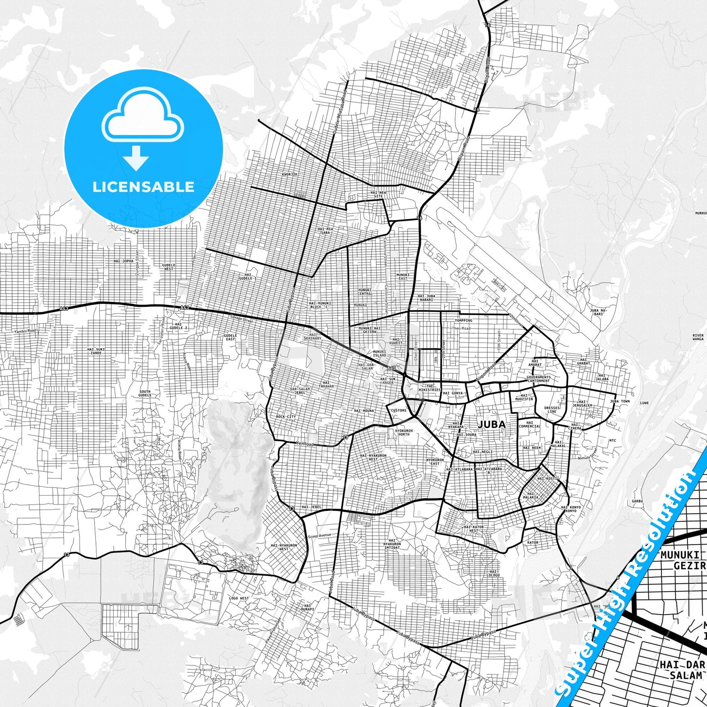 Juba, South Sudan Light Map with Street Names, City Names, and Districts