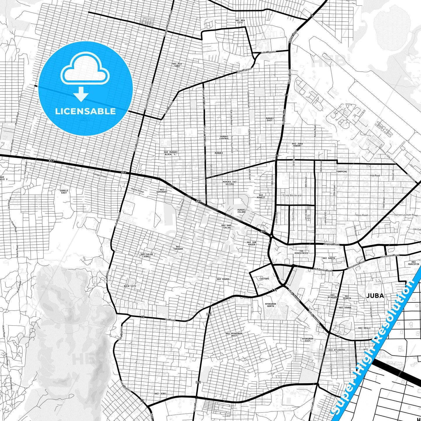 Juba, South Sudan Light Map with Street Names, City Names, and Districts
