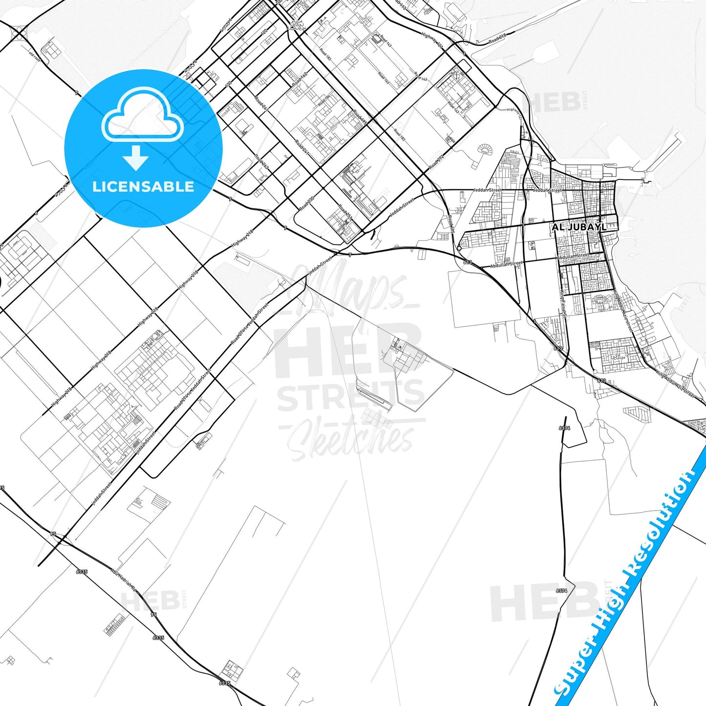 Jubail, Saudi Arabia light map with streetnames, citynames and districts