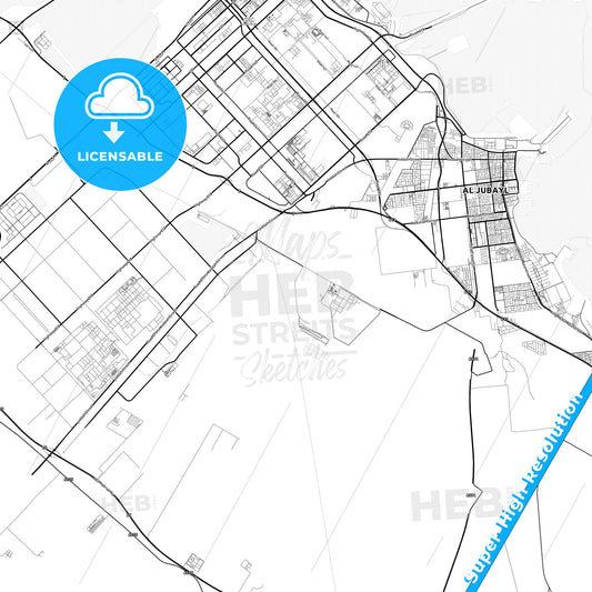 Jubail, Saudi Arabia light map with streetnames, citynames and districts