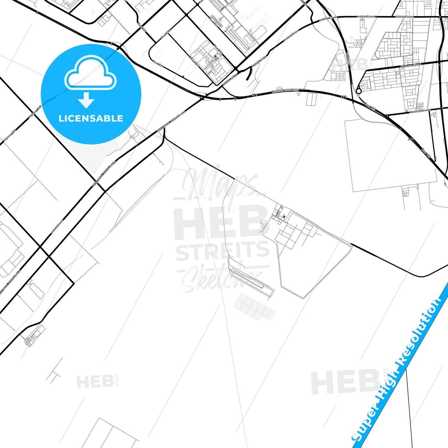 Jubail, Saudi Arabia Light Map with Street Names, City Names, and Districts