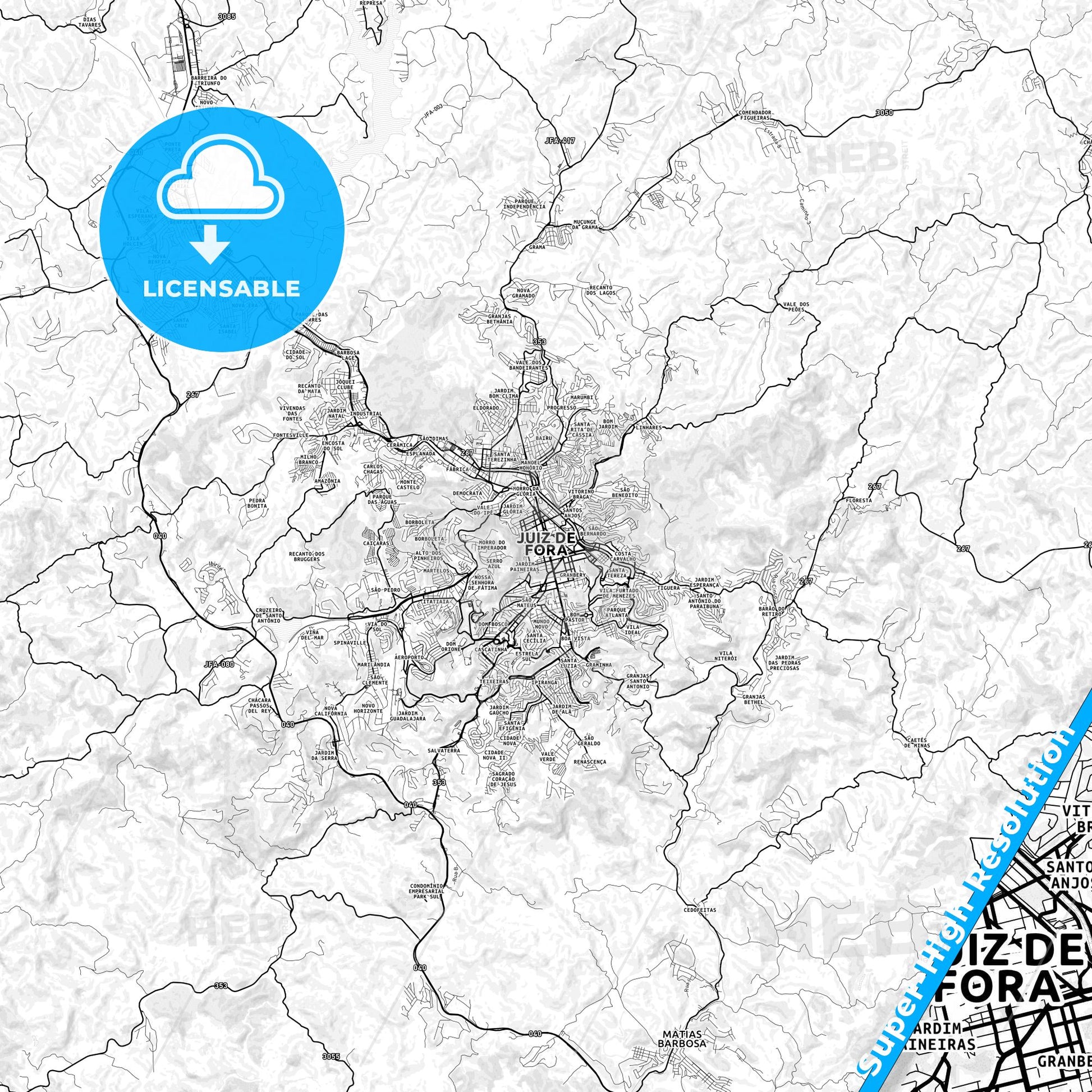 Juiz de Fora, Brazil light map with streetnames, citynames and districts