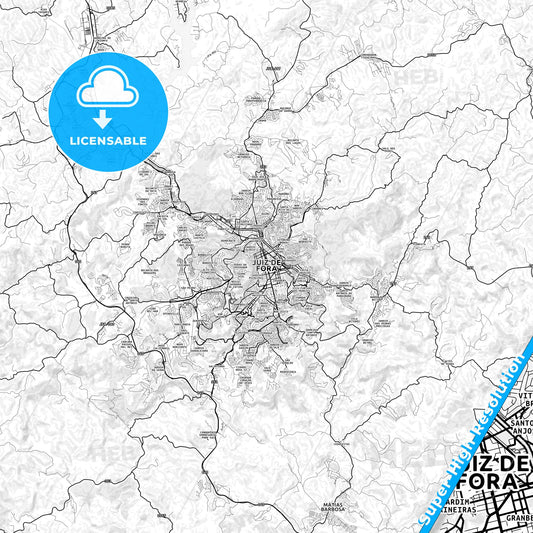 Juiz de Fora, Brazil light map with streetnames, citynames and districts