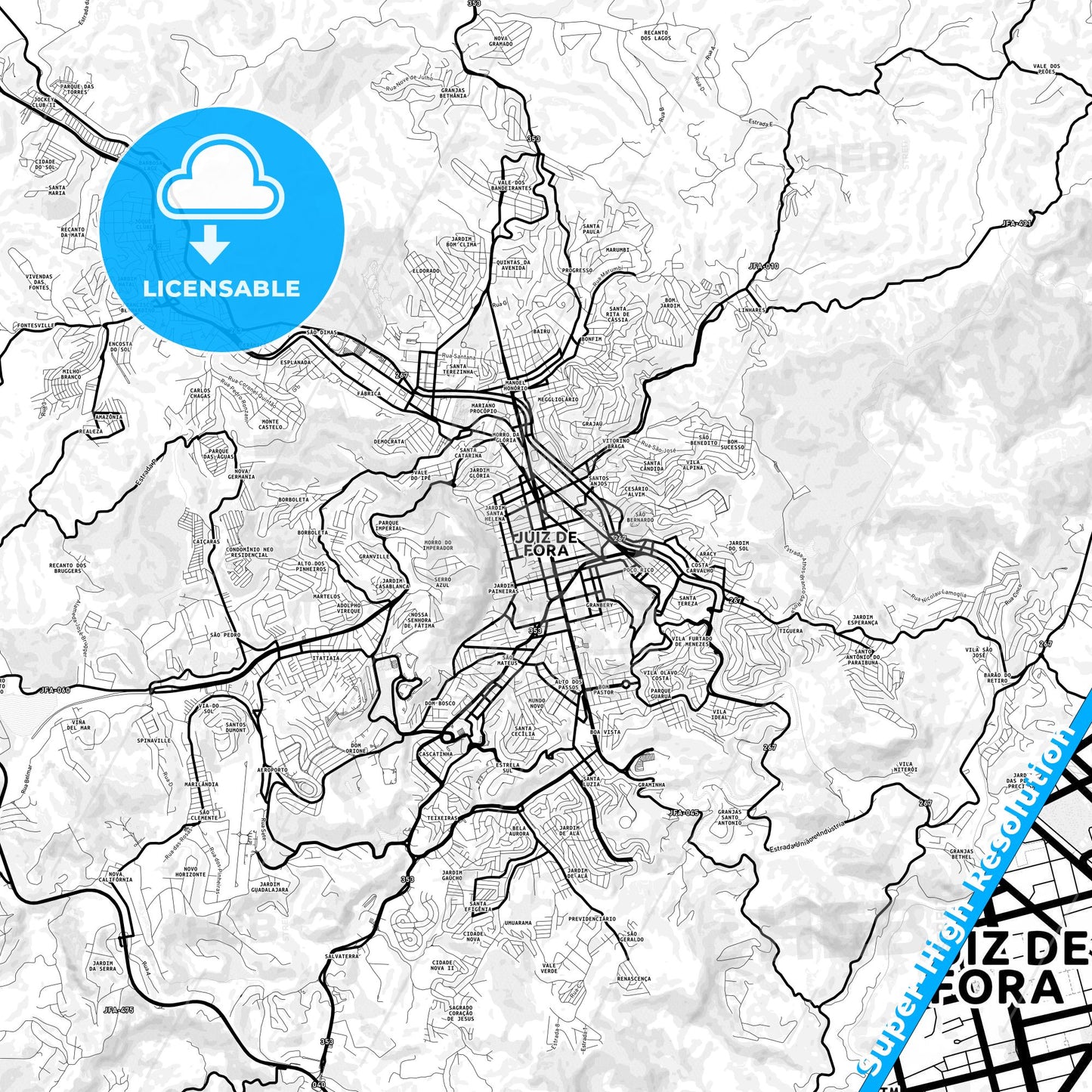 Juiz de Fora, Brazil Light Map with Street Names, City Names, and Districts