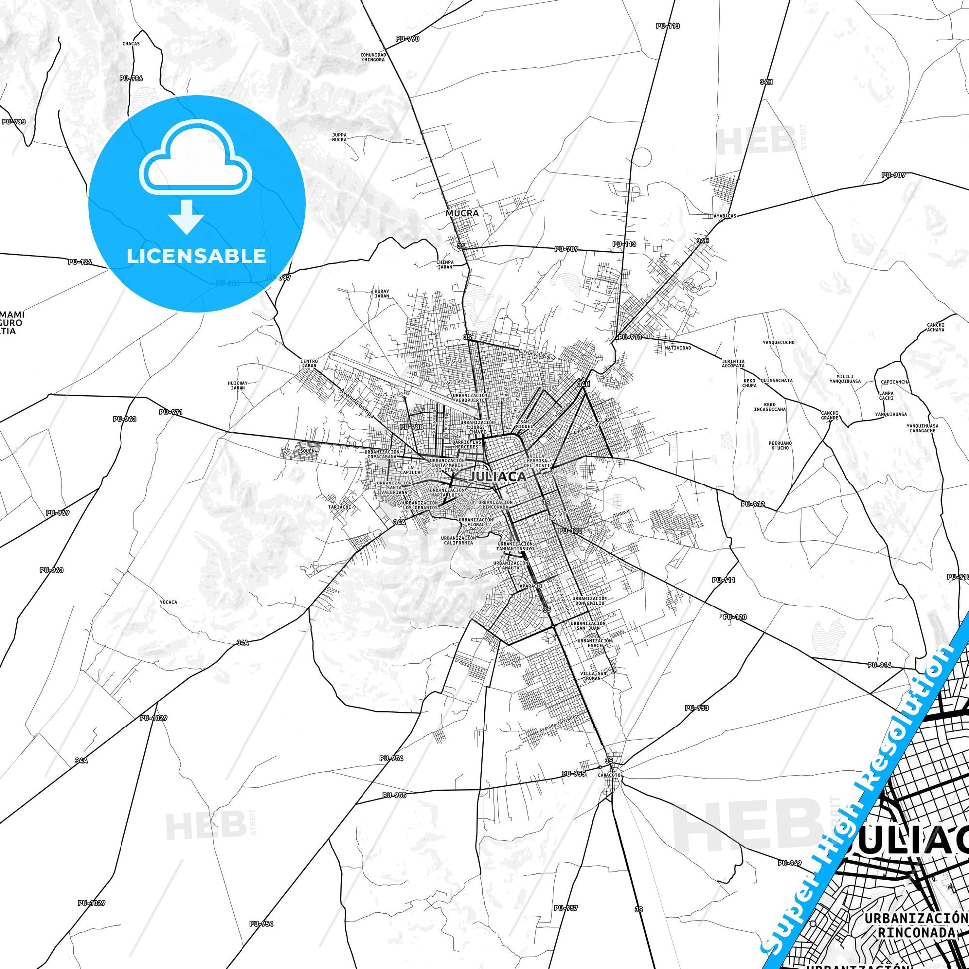 Juliaca, Peru light map with streetnames, citynames and districts