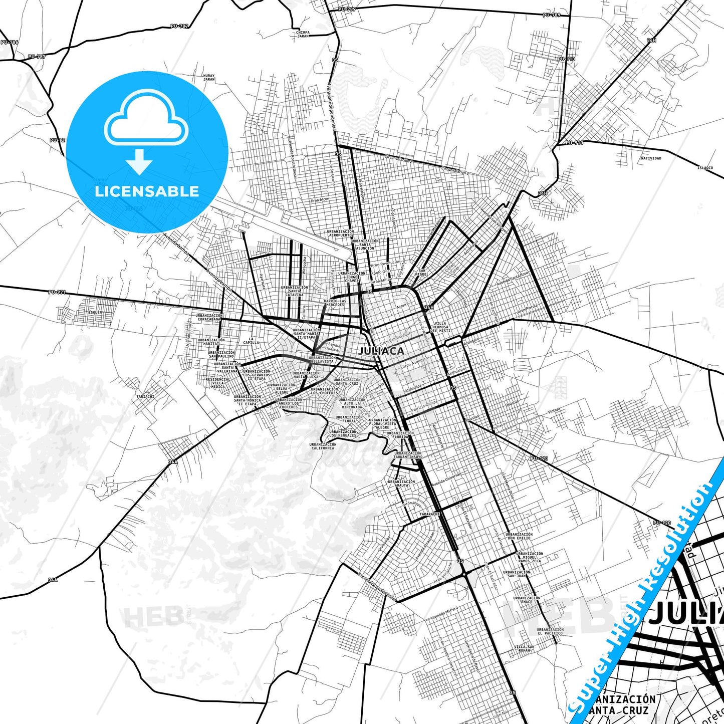 Juliaca, Peru Light Map with Street Names, City Names, and Districts