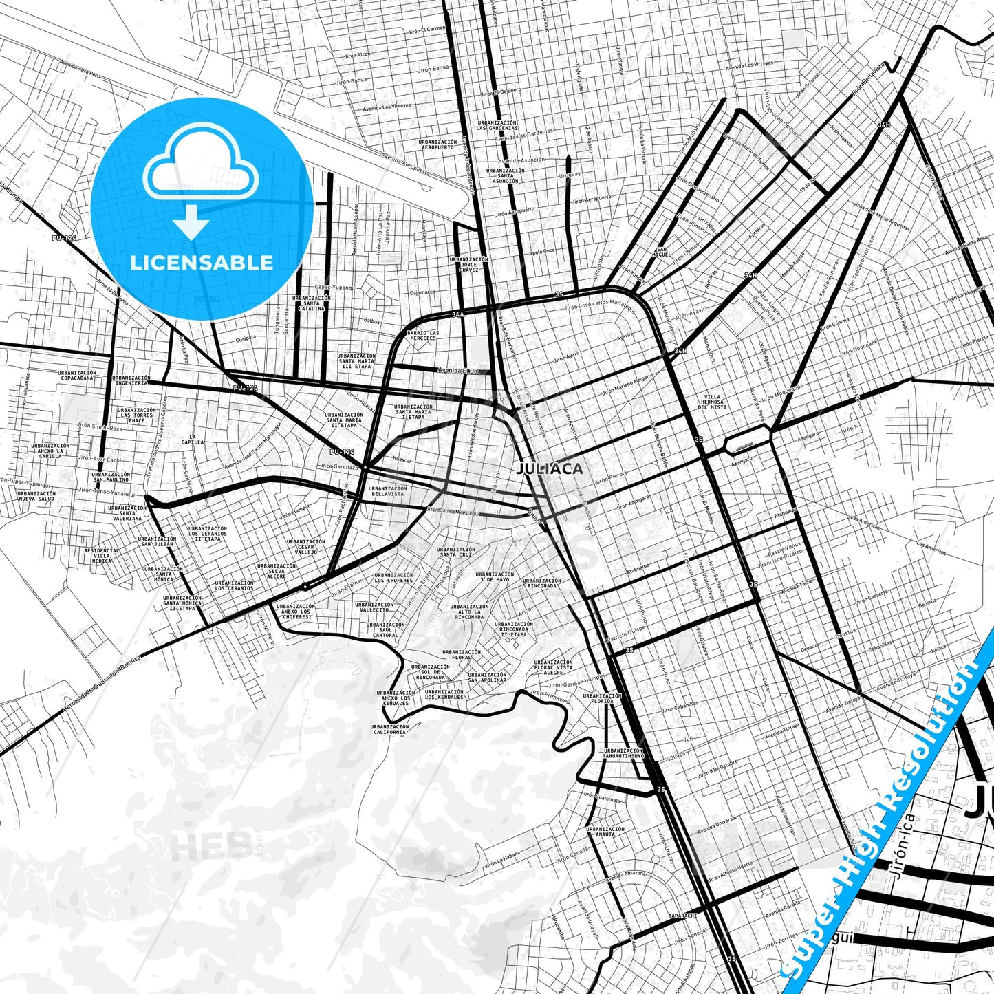 Juliaca, Peru Light Map with Street Names, City Names, and Districts
