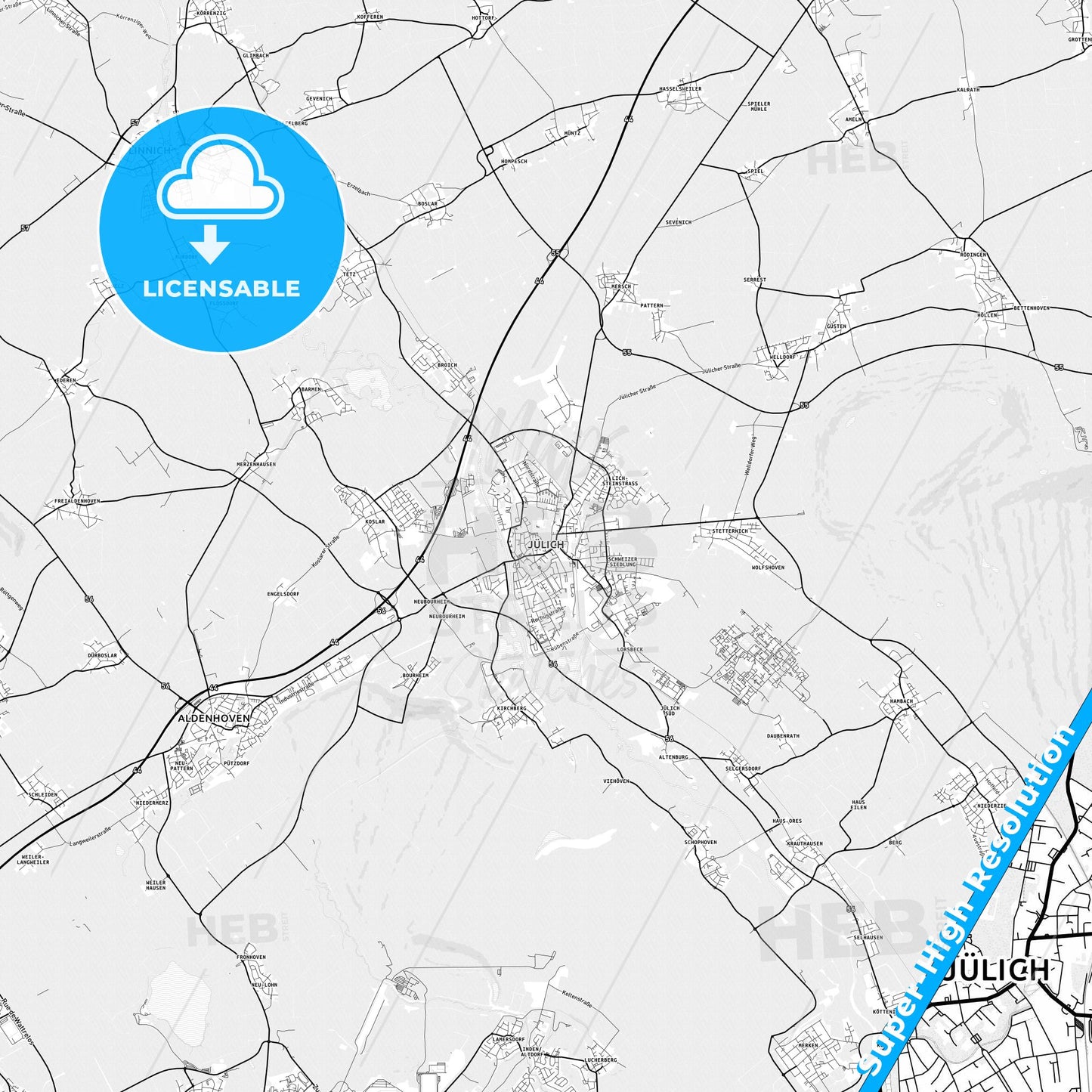 Julich, Germany light map with streetnames, citynames and districts