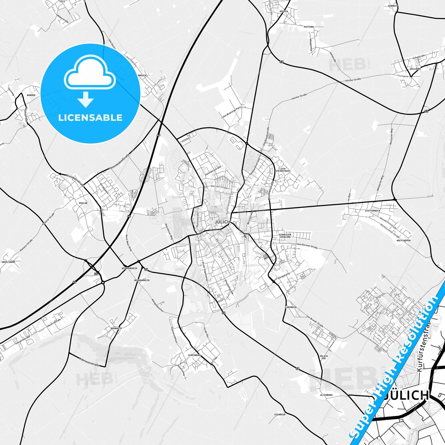 Julich, Germany Light Map with Street Names, City Names, and Districts