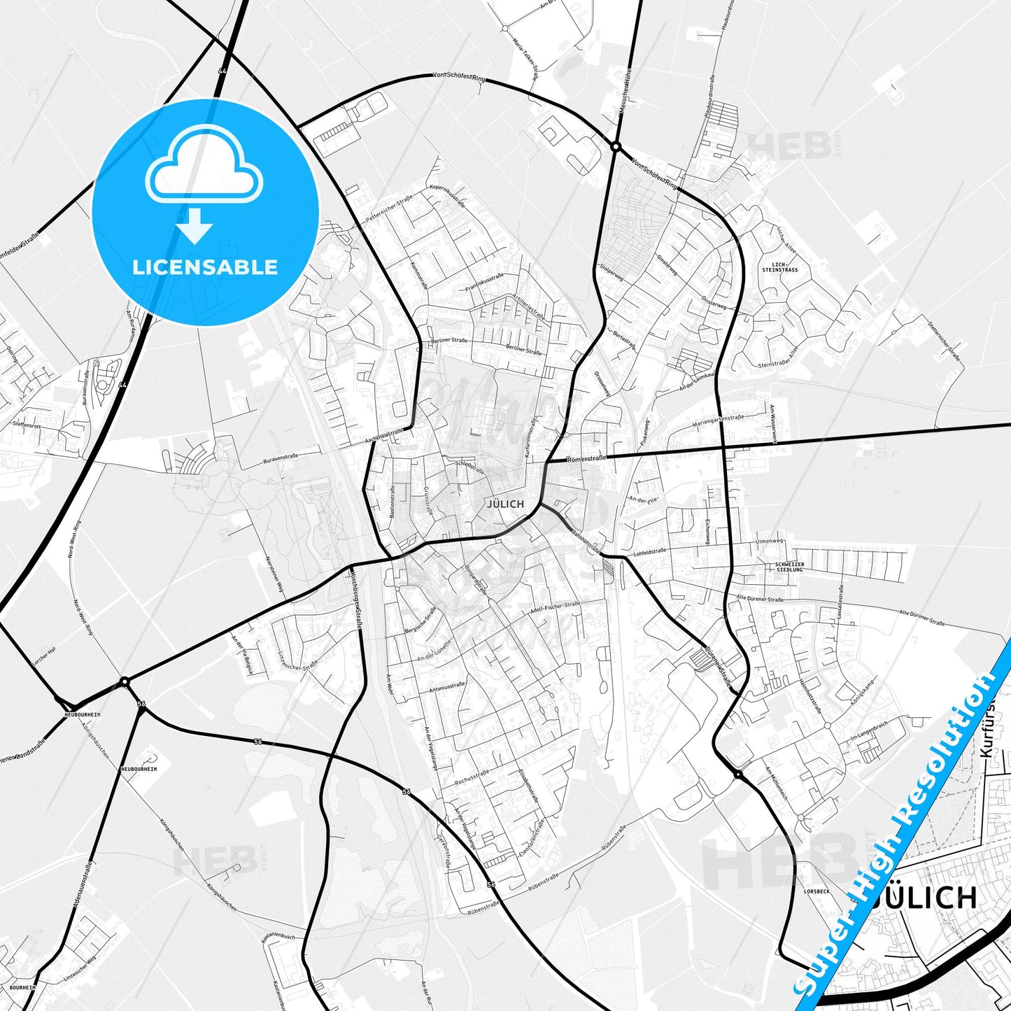 Julich, Germany Light Map with Street Names, City Names, and Districts
