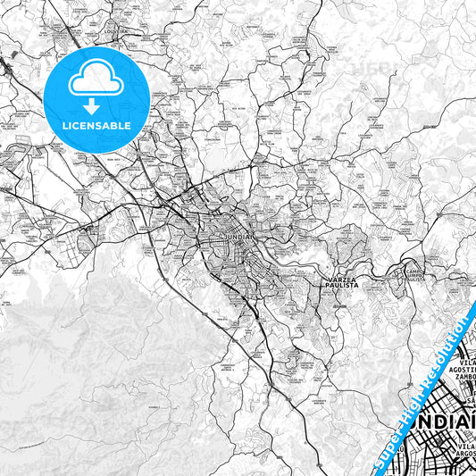 Jundiai, Brazil light map with streetnames, citynames and districts