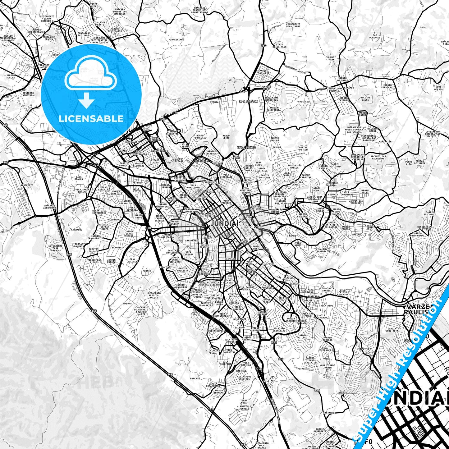 Jundiai, Brazil Light Map with Street Names, City Names, and Districts