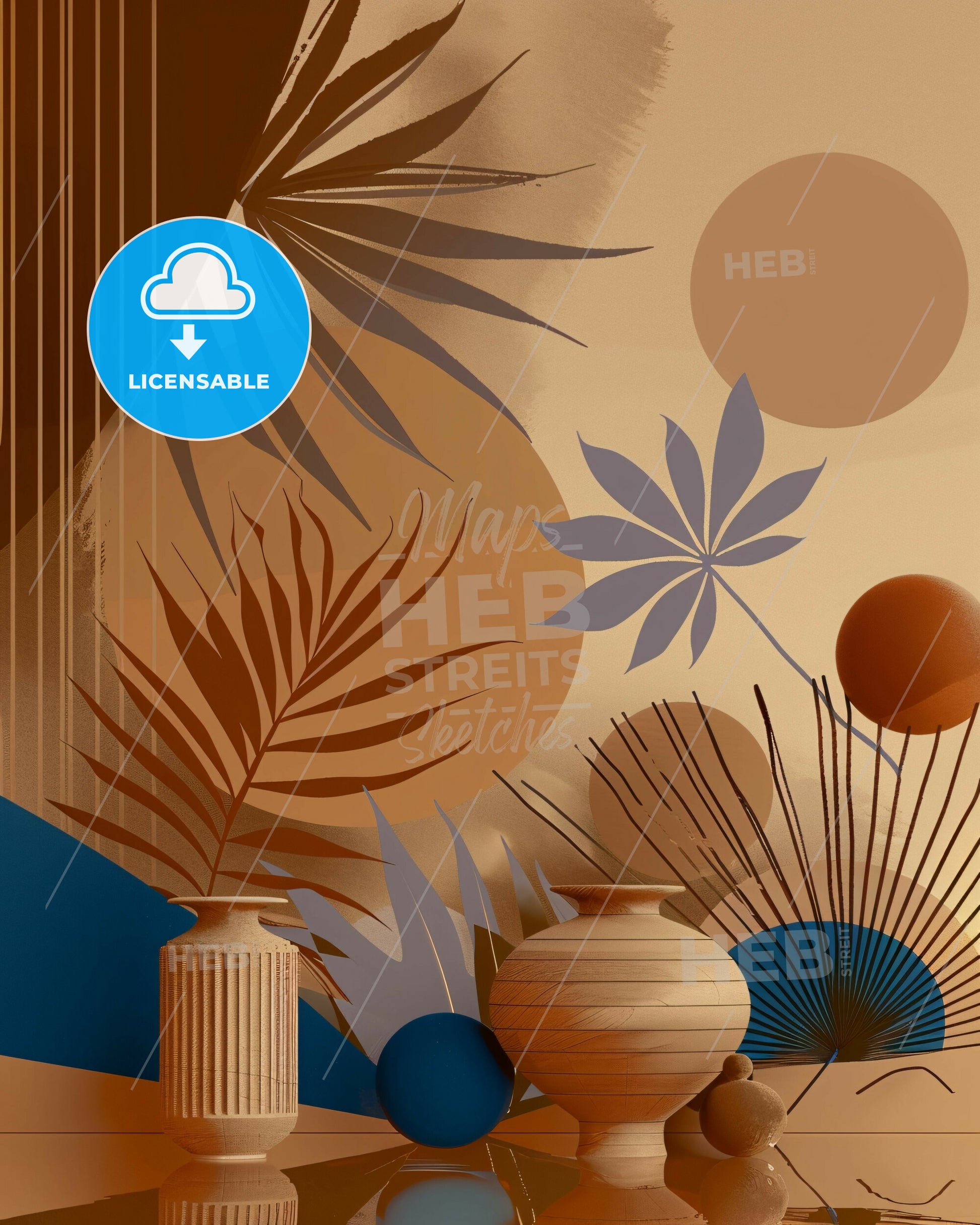 Serene Jungle Lines Immerse in Hues of Blue and Purple - A vases and plants on a wall