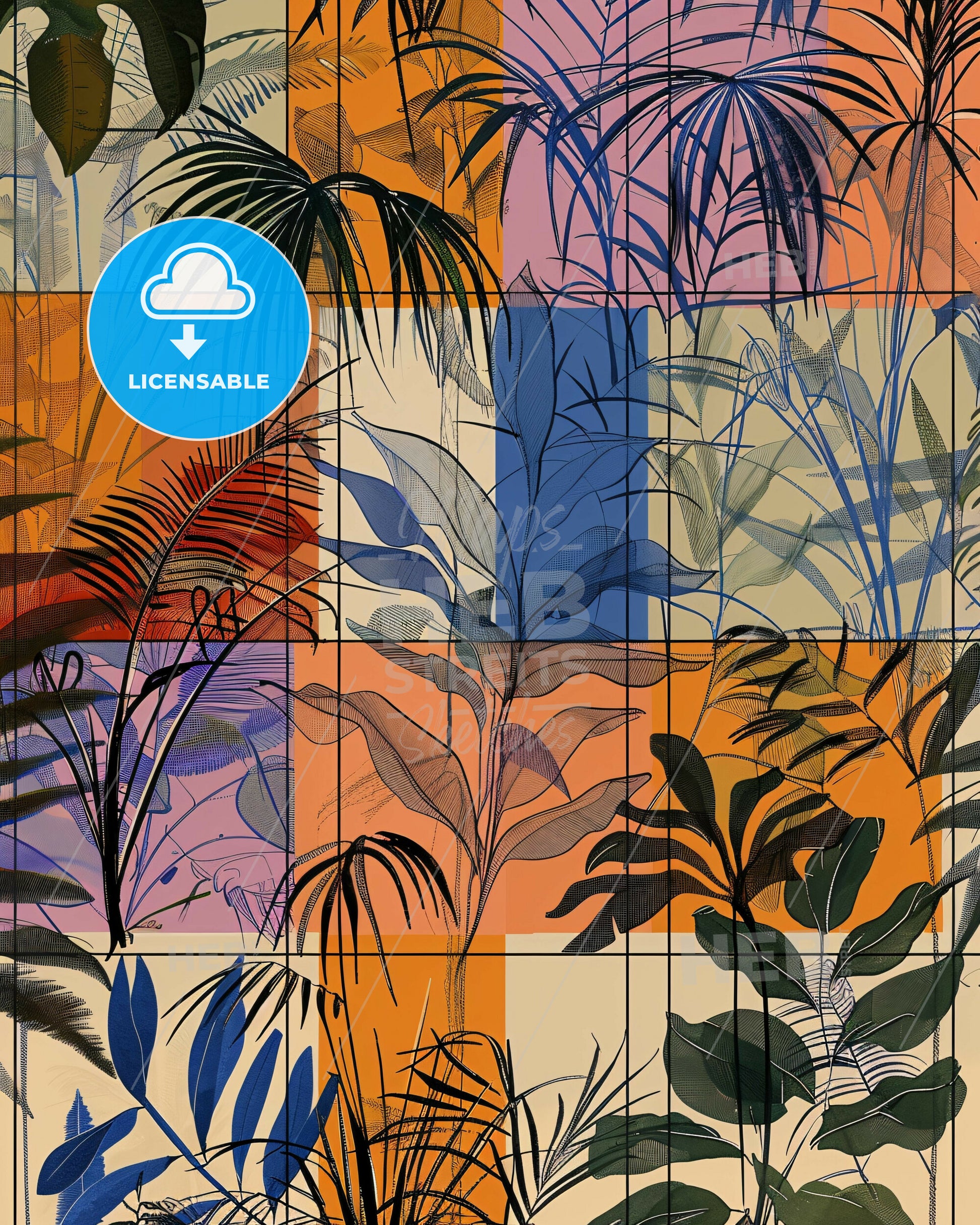 Bold Modern Jungle Linescape - A collage of different colored squares with leaves