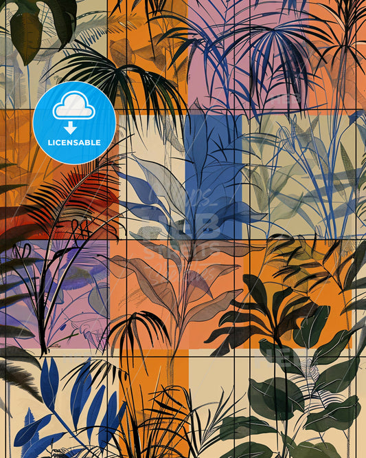 Bold Modern Jungle Linescape - A collage of different colored squares with leaves