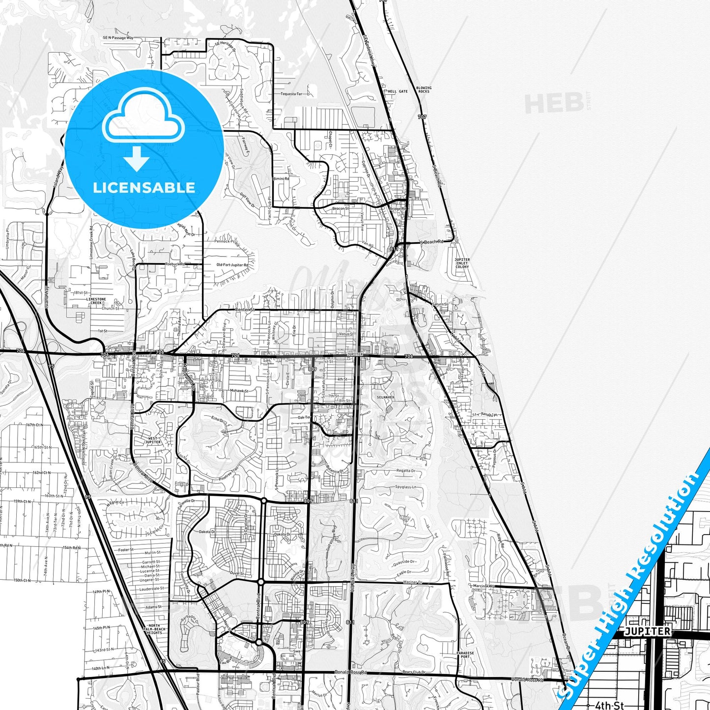 Jupiter, Florida Light Map with Street Names, City Names, and Districts
