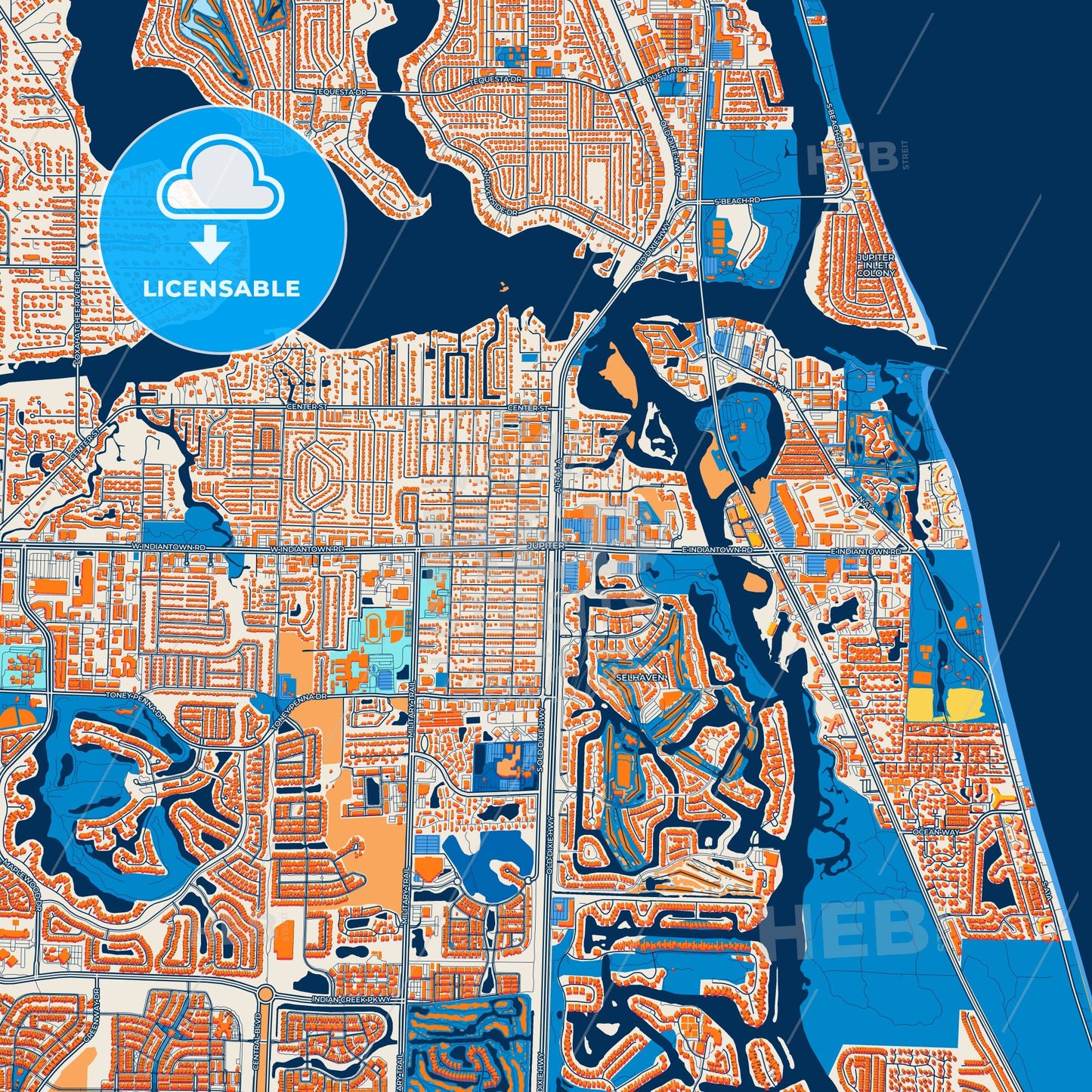 Colorful Jupiter Street Map with Labels and Buildings