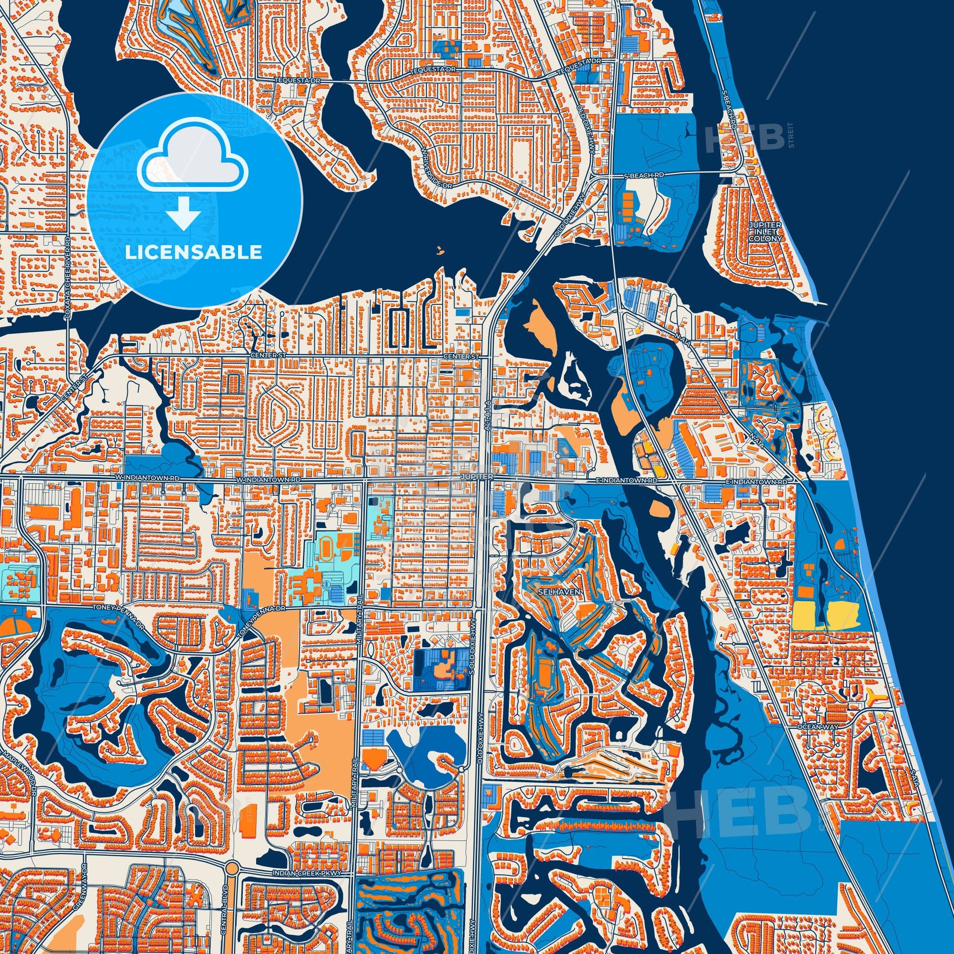 Colorful Jupiter Street Map with Labels and Buildings
