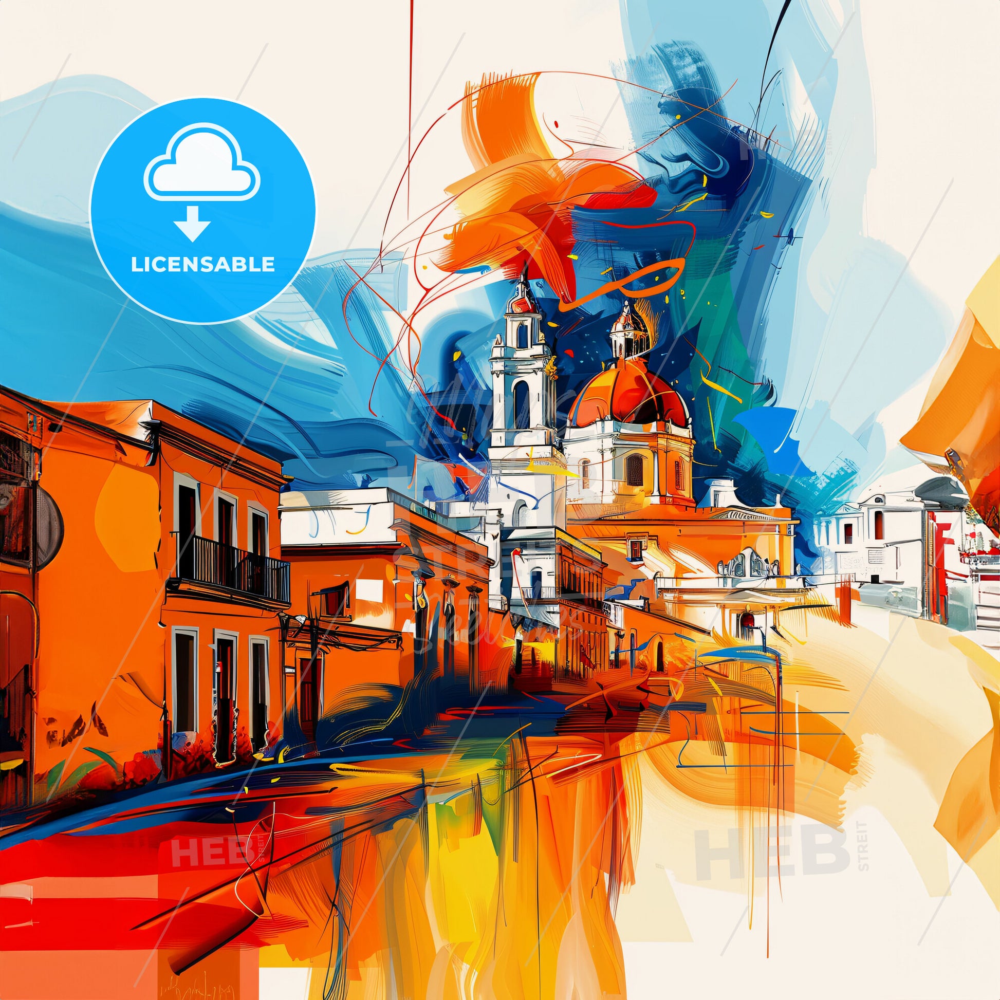 Vibrant Juárez, Mexico - A Colorful Painting Of A Street With Buildings And A Church