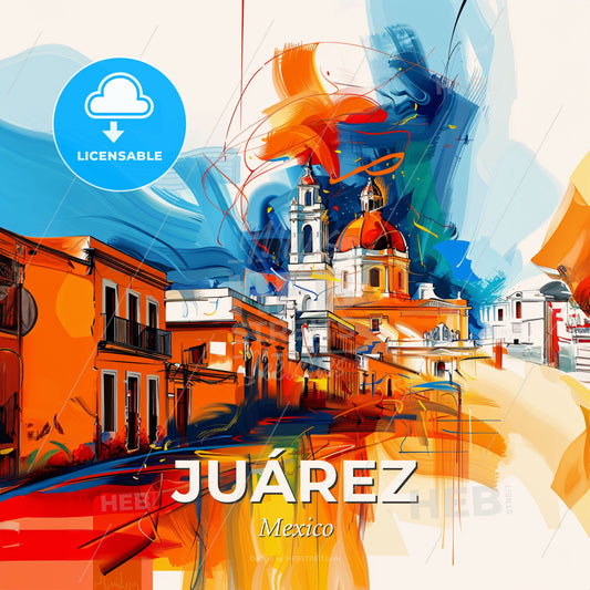 Vibrant Juárez, Mexico - A Colorful Painting Of A Street With Buildings And A Church - Square format print template