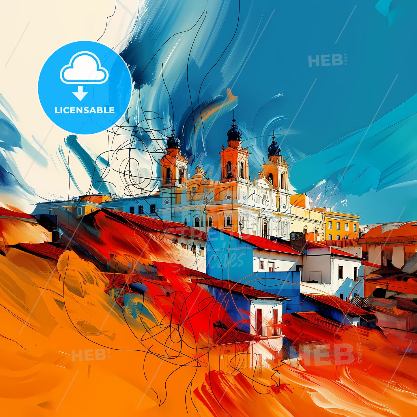 Vibrant Juárez, Mexico - A Painting Of A Building With A Blue Sky And Orange Roofs