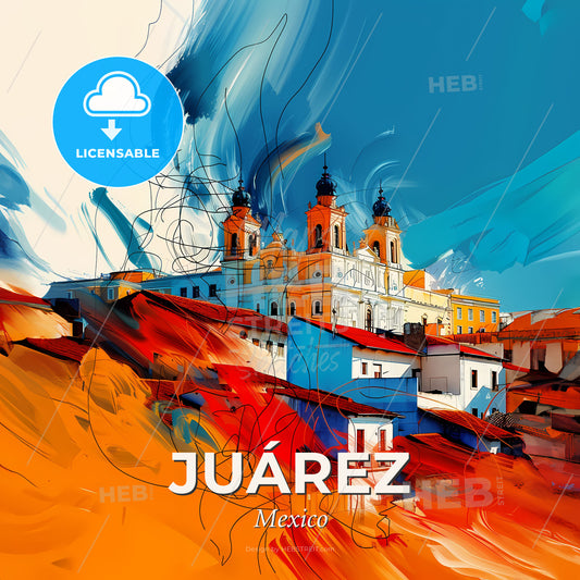 Vibrant Juárez, Mexico - A Painting Of A Building With A Blue Sky And Orange Roofs - Square format print template