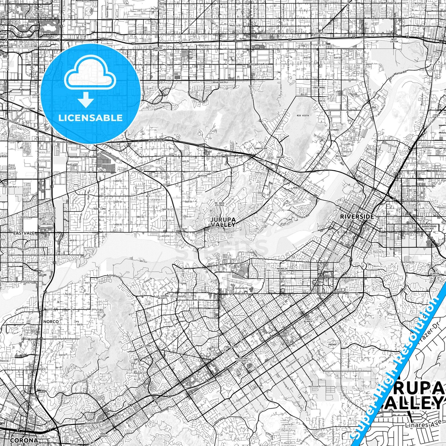 Jurupa Valley, California light map with streetnames, citynames and districts