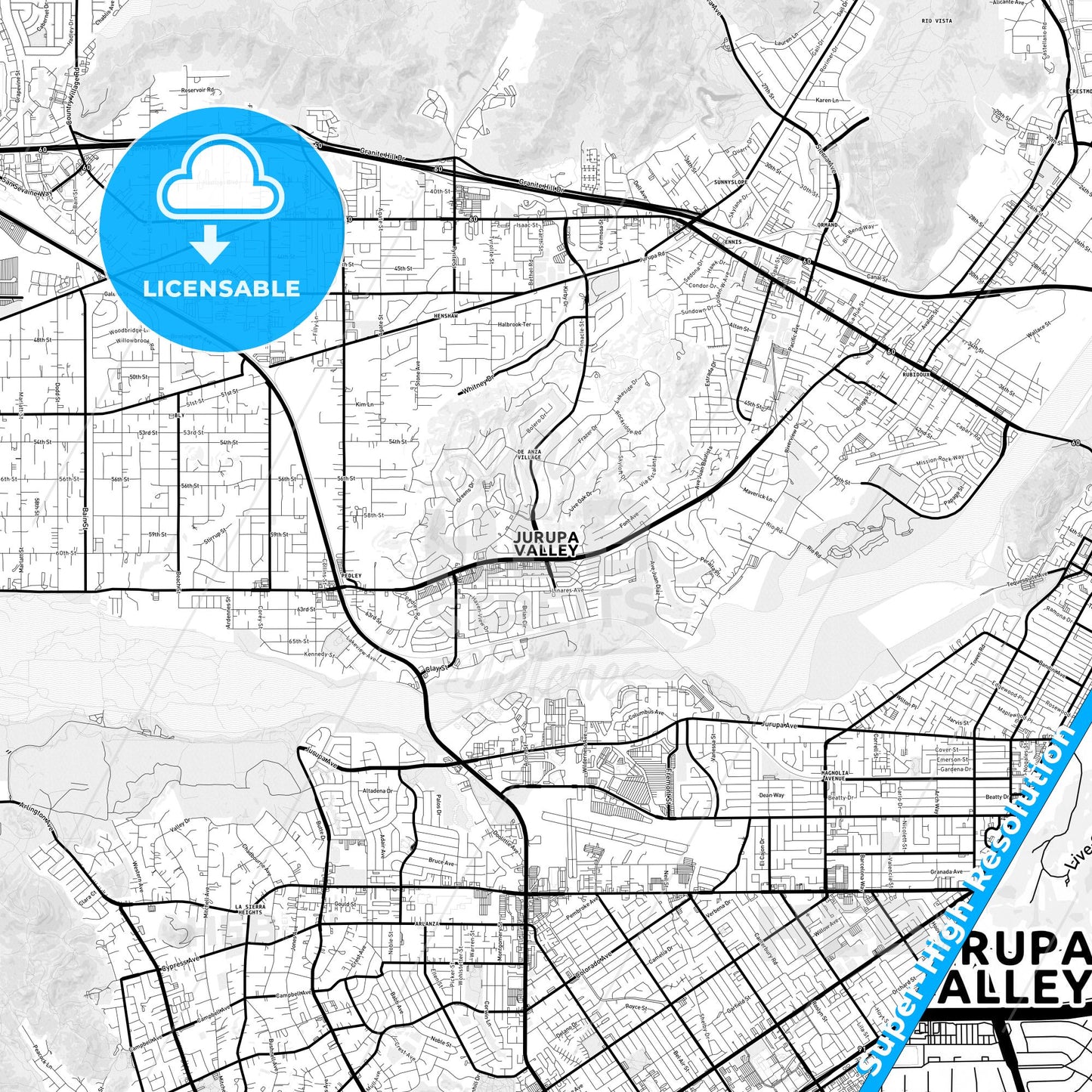 Jurupa Valley, California Light Map with Street Names, City Names, and Districts