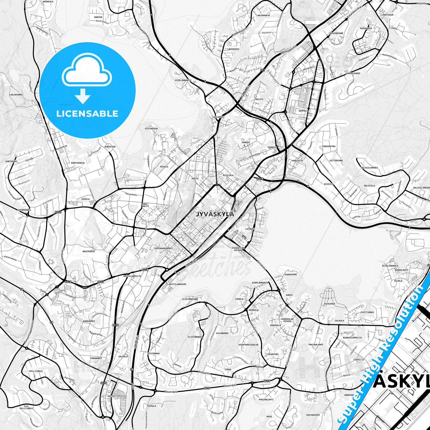 Jyväskylä, Finland Light Map with Street Names, City Names, and Districts