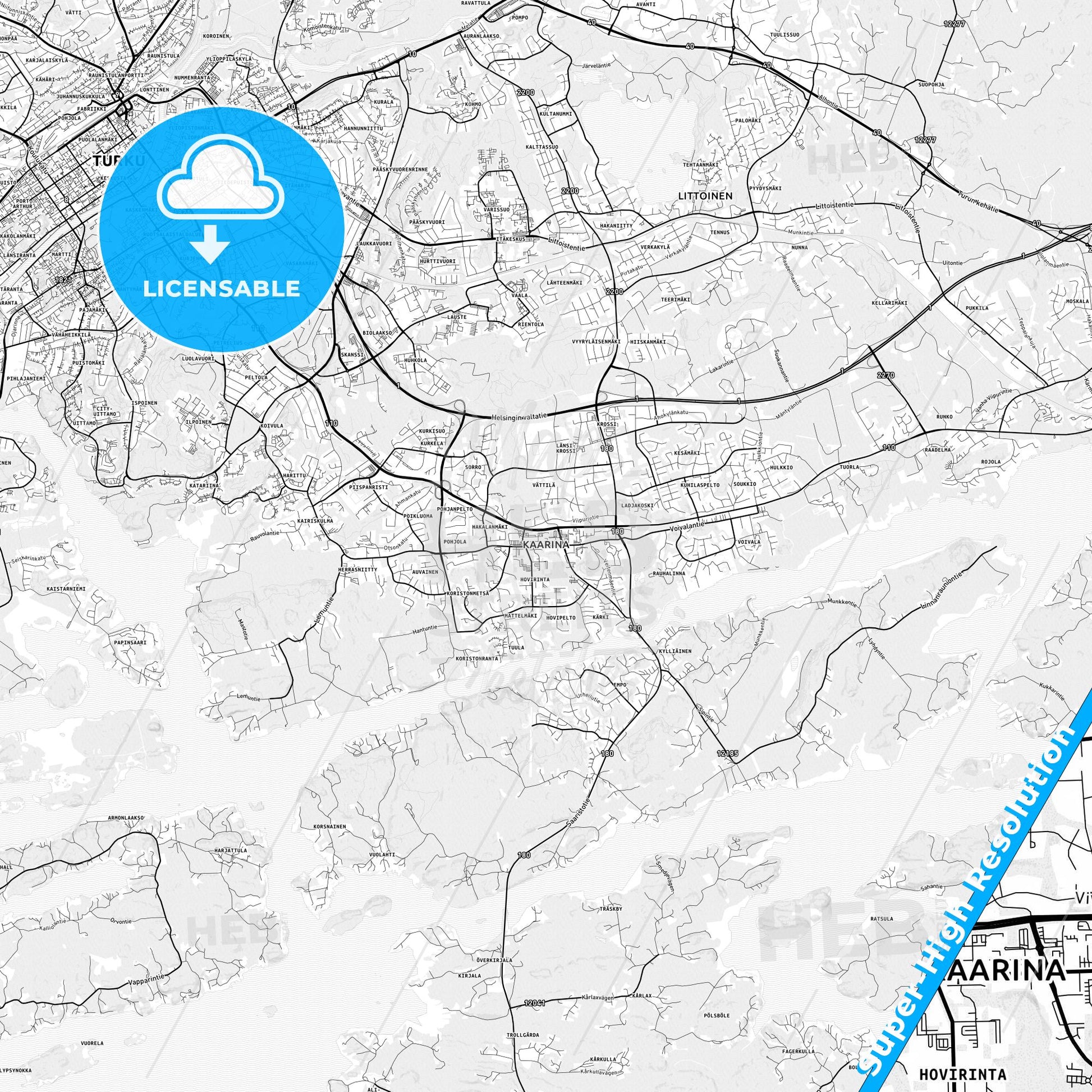Kaarina, Finland light map with streetnames, citynames and districts