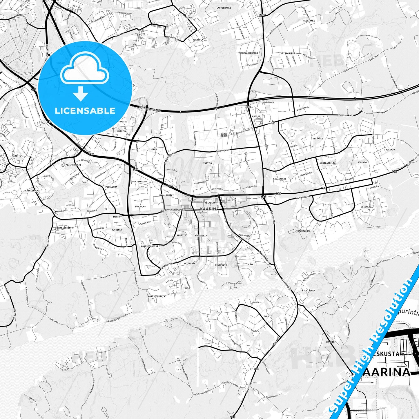 Kaarina, Finland Light Map with Street Names, City Names, and Districts