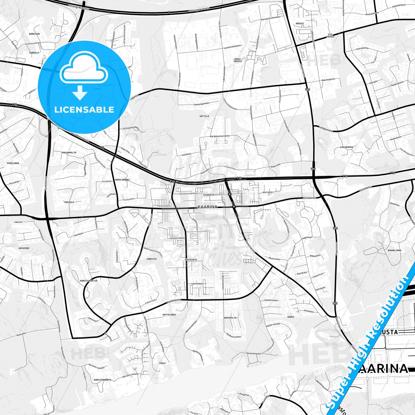 Kaarina, Finland Light Map with Street Names, City Names, and Districts