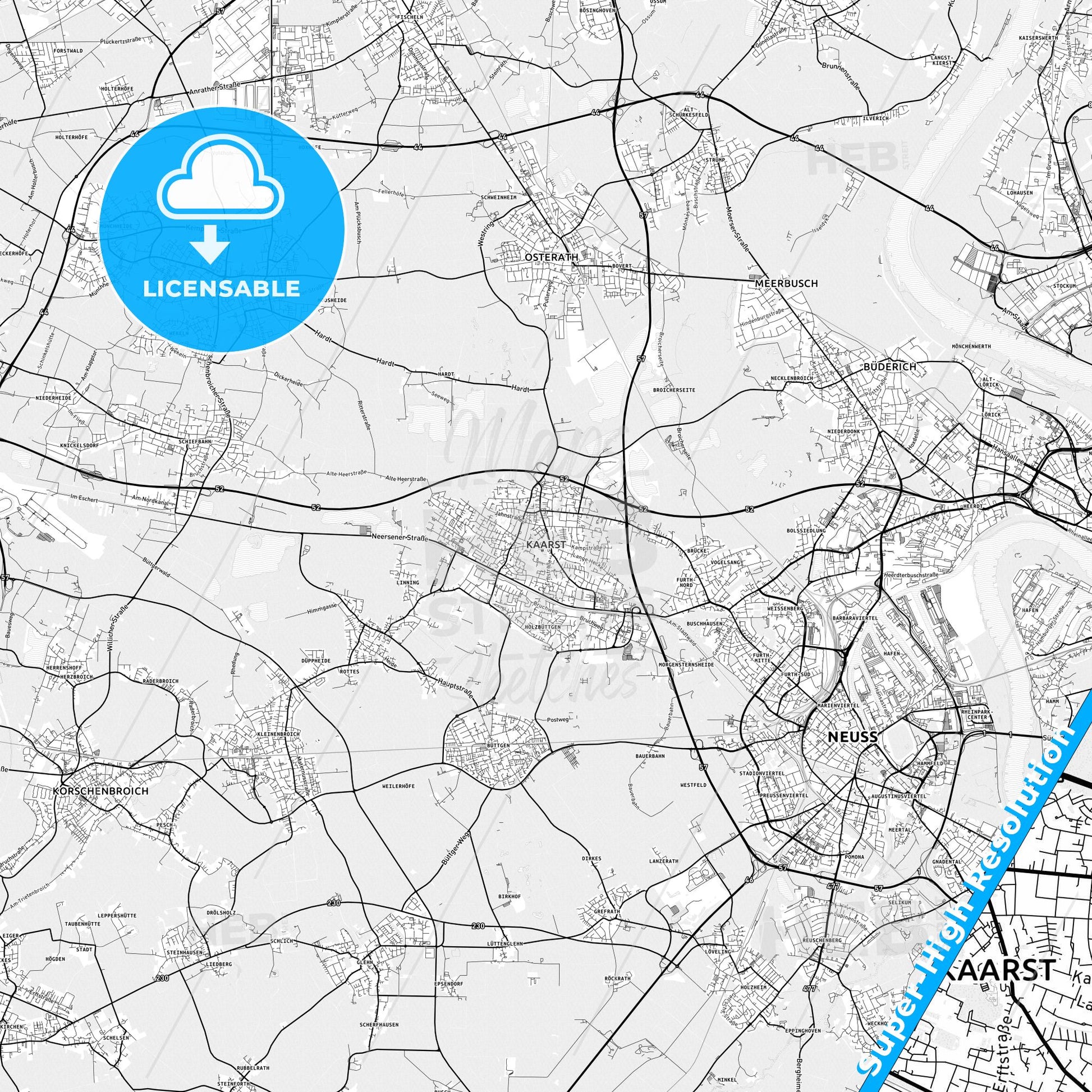 Kaarst, Germany light map with streetnames, citynames and districts