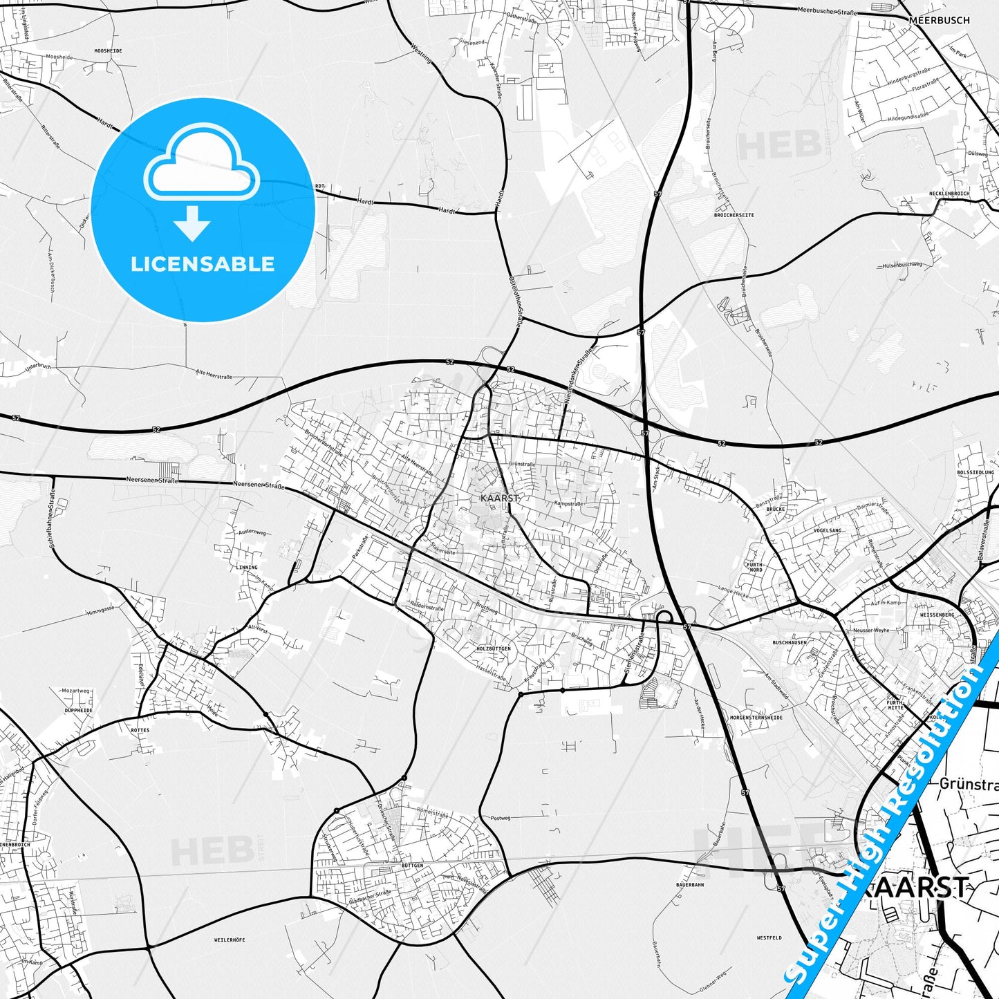 Kaarst, Germany Light Map with Street Names, City Names, and Districts